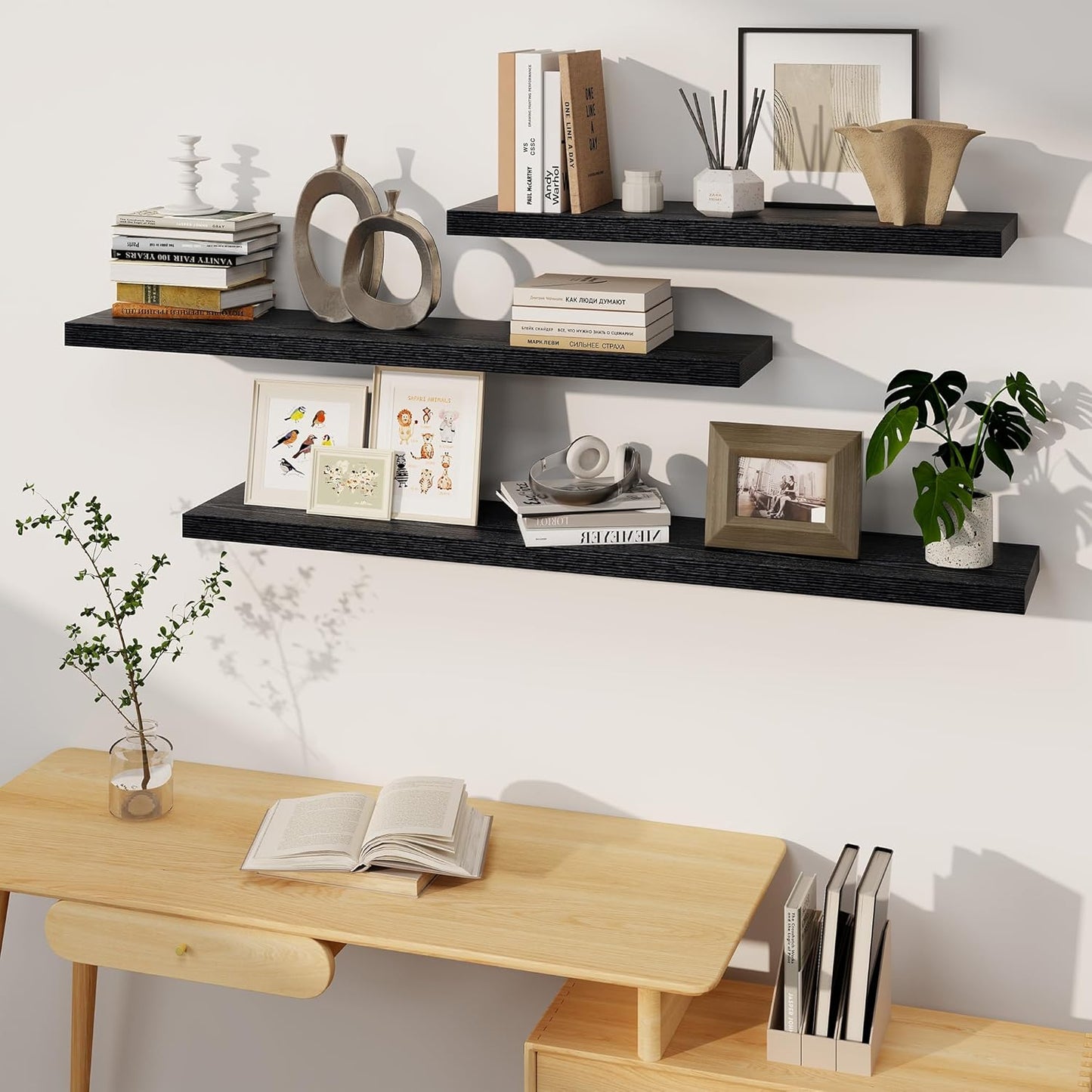 Fun Memories Deep Black Floating Shelves, 8 Inch Deep Floating Shelf for Wall, Rustic Black Wall Shelves 55 Inch Long, Large 55 x 8 Storage Shelves for Living Room, Bedroom, Kitchen