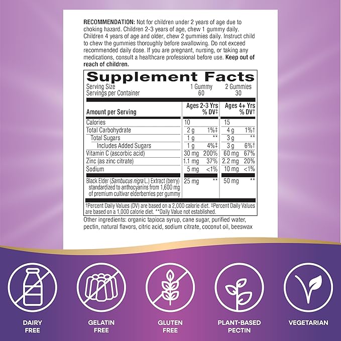Nature's Way Sambucus Elderberry Immune Gummies for Kids with Black Elderberry Extract, Vitamin C and Zinc, Immune Support Gummies*, 60 Count (Set of 3)