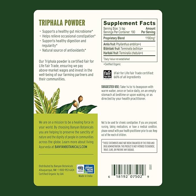 Banyan Botanicals Triphala Powder - Organic Digestion Supplement with Amla, Haritaki & Bibhitaki – Digestion, Colon Support & Healthy Gut Microbiome* – 1/2 lb – Non-GMO Sustainably Sourced Vegan