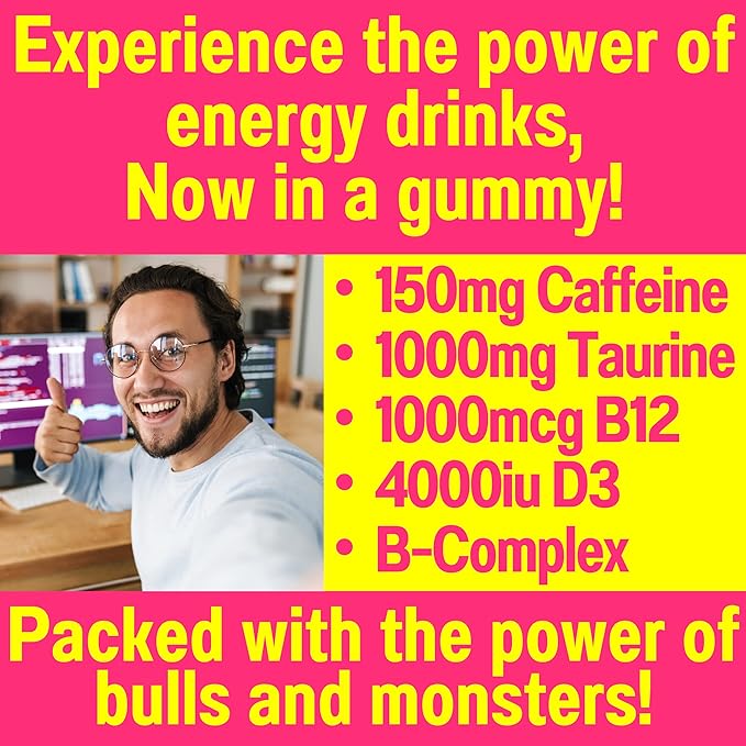SHIZAM Taurine 1000mg Caffeine 150mg Energy Gummies w D-3 B-12 B Complex Inositol, Gel Gels Vitamins Vitamin Drinks Capsules Drink Shot Chews Pills Powder Alt, Running Runners Supplement Supplements