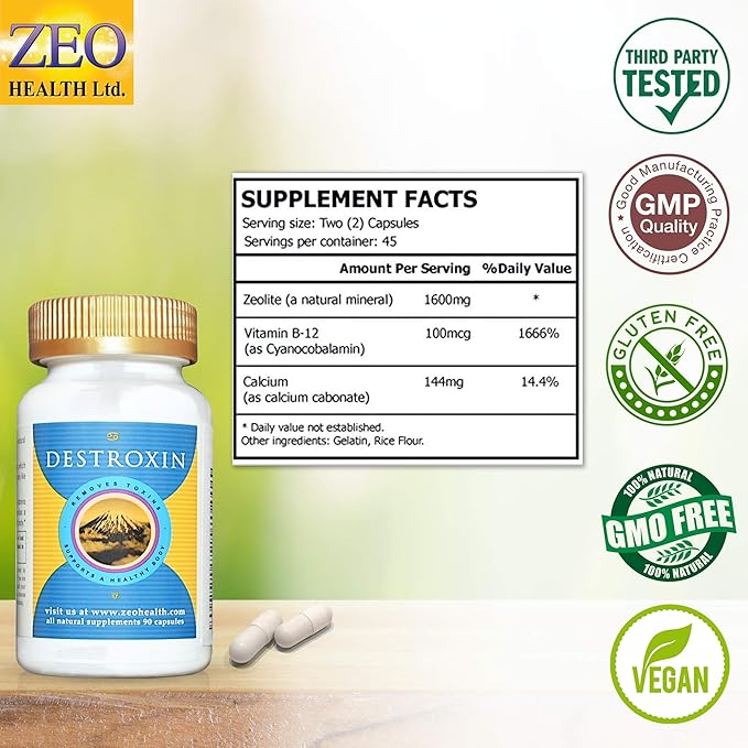 DESTROXIN | Zeolite Capsules with B-12 and Calcium (90 Count) | Naturally Supports Cellular Detox, Optimal Energy, & Upset Stomach Relief | Body Alkalinity & pH Increaser