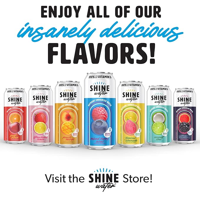 ShineWater Vitamin D Hydration Electrolyte Drink - Flavored water with electrolytes, Sugar-Free, Magnesium, Zinc, Vitamin B12, Folic Acid, Plant-Based Fruit Water, Low Calorie - Variety Pack of 6