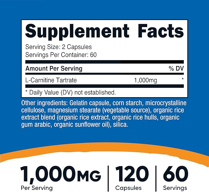 Nutricost L-Carnitine Tartrate 1000mg, 120 Capsules - 500mg Per Capsule (60 Servings)