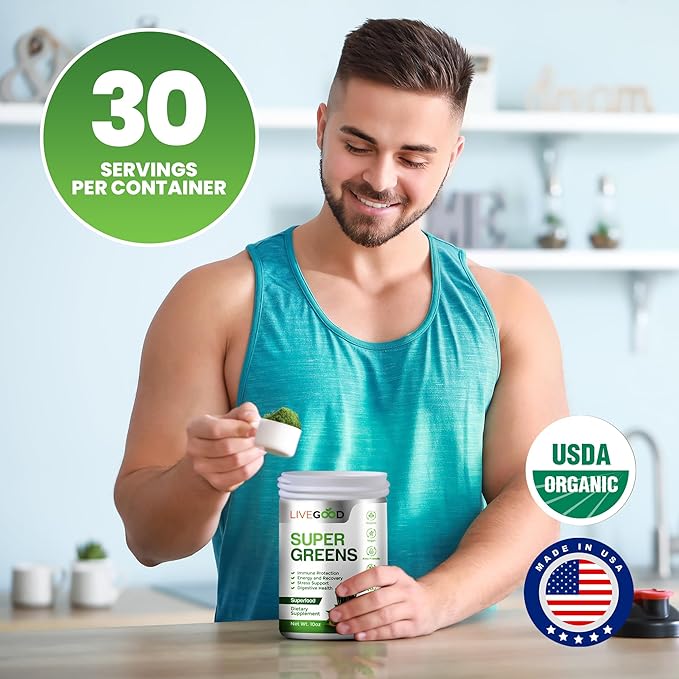 LiveGood Super Greens Powder Organic Superfood with Wheat Grass Powder, Daily Superfood Powder for Immune Support, Energy and Detox, Green Juice Powder Supplement (30 Servings), 12.38 Oz