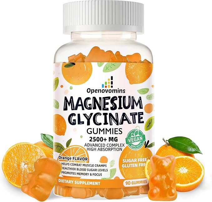 Magnesium Glycinate Gummies- Sugar Free Magnesium Potassium Supplement with Vitamin D, B6, CoQ10 for Calm Mood & Sleep Support - 90 Orange Gummies