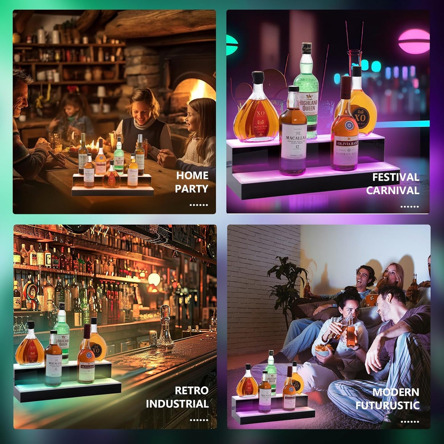 Led Lighted Liquor Bottle Display Shelf, 24 Inch 2 Tier Whiskey Rack, Support USB, Bar Stand with RF Remote & App Control, Illuminated Acrylic Lighting Shelves for Home Bar, Party