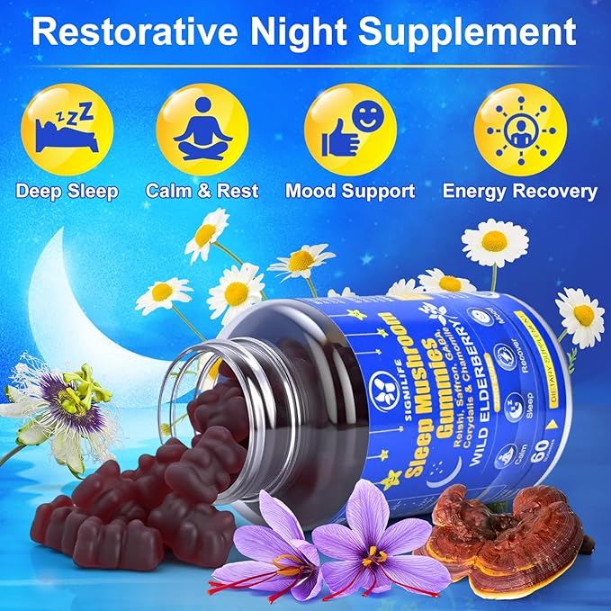 Sleep Mushroom Gummies with Reishi & Lions Mane -Natural Sleep Aid & Relaxation Supplement, Wild Elderberry Flavor, Non-GMO, No Sugar, 120 Count