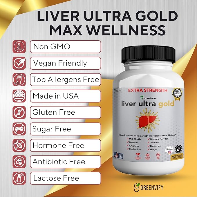 Liver Ultra Gold Extra Strength Supplement, 60 Veggie Capsules, Natural Liver Support with Milk Thistle, Beetroot, Artichoke, 30 Day Supply (2)