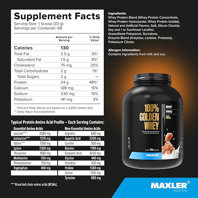 Maxler 100% Golden Whey Protein - 24g of Protein per Serving - Premium Whey Protein Powder for Pre Post Workout - Fast-Absorbing Whey Concentrate, Isolate & Hydrolysate Blend - Salted Caramel 5 lb