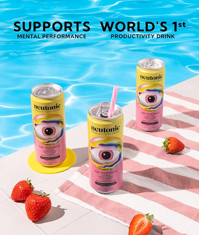 Neutonic Nootropic Productivity Energy Drink | Strawberry Lemonade 12 Cans | 120mg Natural Caffeine, Zero Sugar | Support Memory, Mental Clarity, Cognitive Function | Boost Focus, Energy, Brain Health