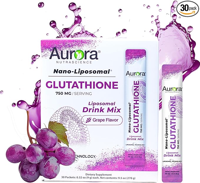 Aurora Nutrascience Nano-Liposomal Glutathione, Grape Powdered Drink Mix Immune & Antioxidant Gut Health Support Supplement, 750 mg per Serving, Non-GMO, Sugar-Free, 30 Single Serve Packets