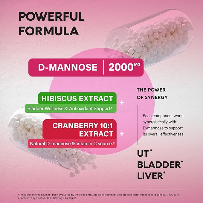 D-Mannose 2000mg with Cranberry & Hibiscus - Clinically Tested Strength for Urinary Tract Health - Supplement for Women - Bladder, Liver & Microflora Support - Made in USA - Vegan, 240 Capsules