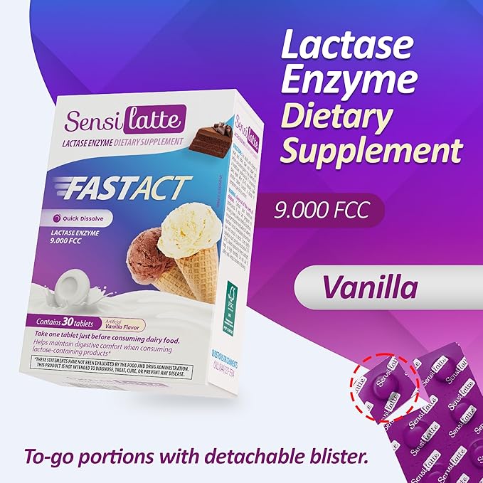 Lactase Enzyme 30 Tablets Vanilla - 9.000 FCC - Sensilatte – Quick Dissolution – Helps with Digestive Comfort – Prati Donaduzzi
