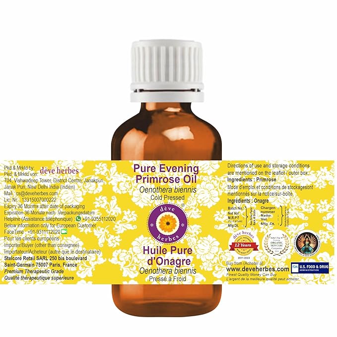 dève herbes Evening Primrose Oil (Oenothera biennis) with Glass Dropper | Cold Pressed | Pure | For Diluting Essential oils | Skin & Massage | Non-Sticky | Lightweight | Unisex | 15ml (0.50 oz)