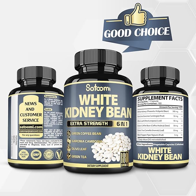 Satoomi 6in1 White Kidney Bean Extract Capsules - 6 Month Supply - Extra Blend with Olive Leaf, Green Coffee Bean & Green Tea - 180 Counts