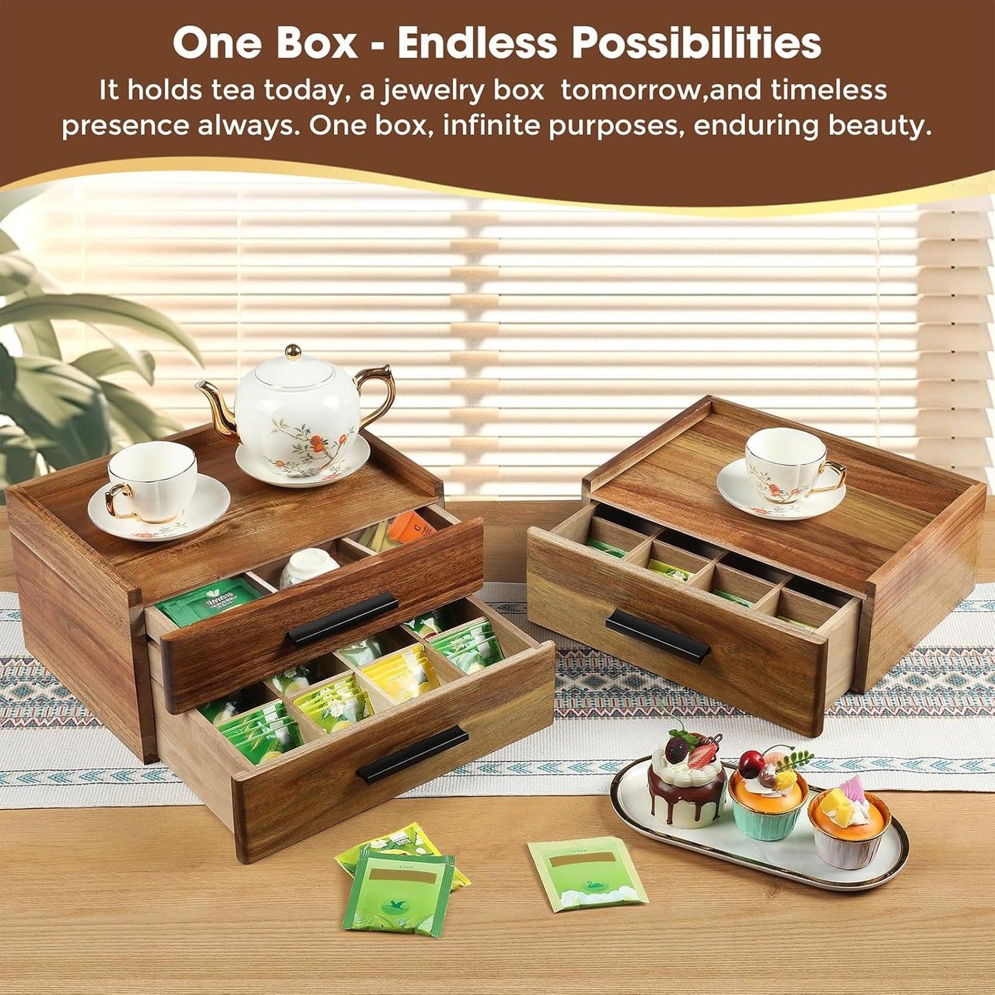 Acacia Wood Tea Bag Organizer with Gift Box, Double-Drawer Tea Box - Tea Accessories for Tea Organizer and Storage Box, Tea Station Chest Caddy for Countertop Cabinet Office(21-Compartment)