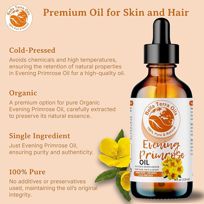 Bella Terra Oils - Organic Evening Primrose Oil 16oz - Discover the Cold-Pressed Excellence of Primrose, Loaded with Essential Nutrients & Omega-6, Distinct Elixir for Luminous Skin