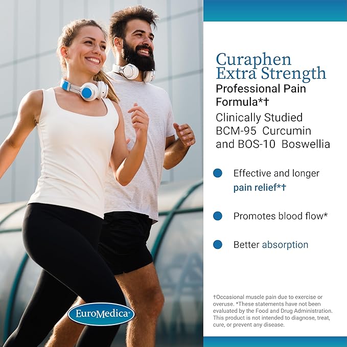 EuroMedica Curaphen Extra Strength - Curcumin & Boswellia Supplement for Healthy Circulation Support - Turmeric Supplement to Support Joints, Muscle Health & Endorphin Production - 60 Tablets