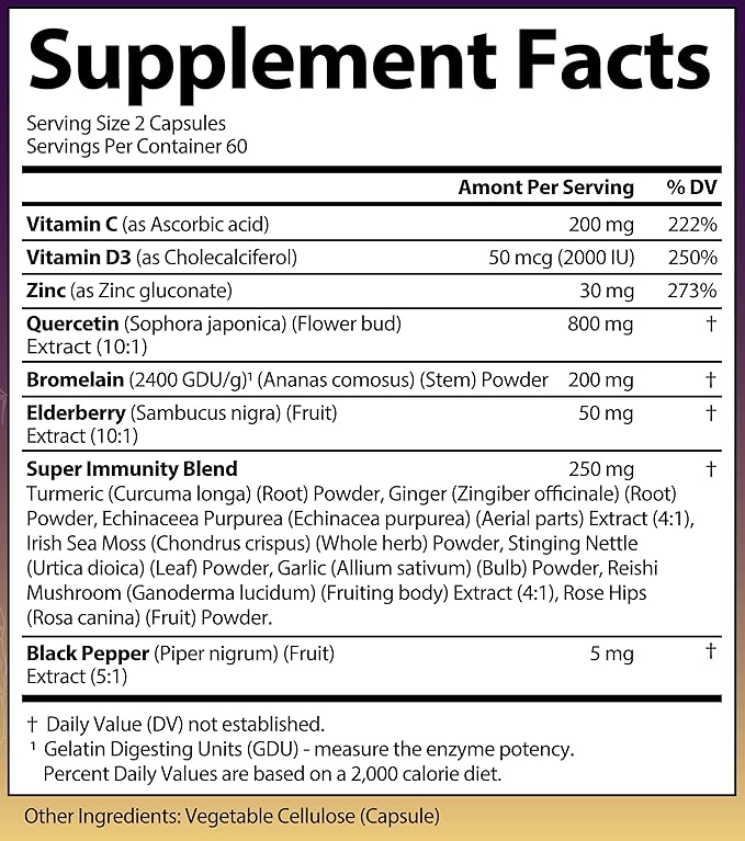 Quercetin with Bromelain, Elderberry, Vitamin C, D3 and Zinc. Super Immune Support Supplement. Organic Complex for Men & Women, Non-GMO, Gluten-Free, Vegan, USA (120 Capsules)