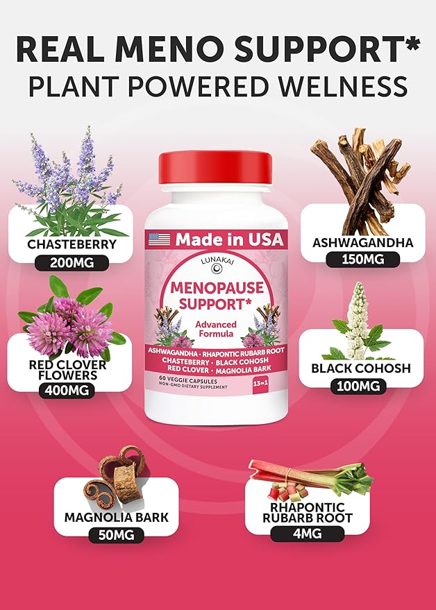 Lunakai USA Made Natural Menopause Supplements for Women – 13-in-1 Menopause Relief for Hot Flashes, Night Sweats, Sleep & Mood Support, 60ct
