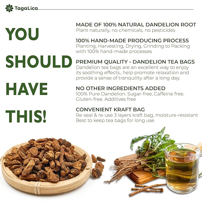 TagalicaTa Premium 55 Dandelion Root Tea Bags - 100% Natural & Pure, Eco-Conscious, Herbal Tea - No Sugar, No Caffeine, No Gluten, Vegan