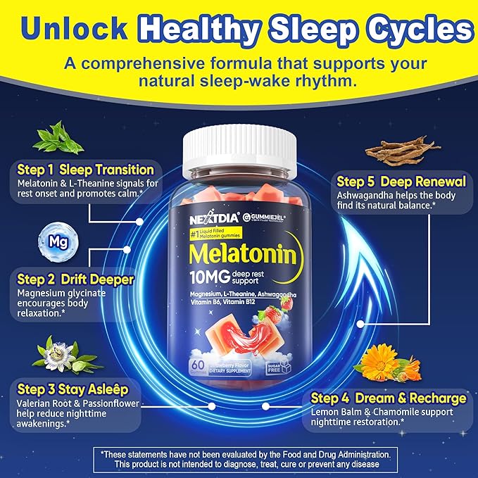 Sugar Free Melatonin Gummies 10mg 20mg Magnesium Glycinate Melatonin for Adults, Ashwagandha, L-Theanine, B6, B12, Lemon Balm and Chamomile for Deep Relaxation, Antioxidant, Vegan, 60 Day