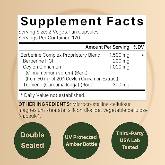 Berberine Supplement 1500mg with 1000mg Ceylon Cinnamon & 300mg Turmeric, 480 Veggie Capsules | 97% Pure Berberine HCL | Supports Balanced Sugar Levels & Heart Health | Vegan, Non-GMO