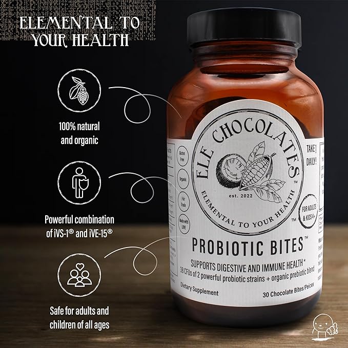 Dark Chocolate Daily Probiotic Supplement Bites 3 Billion CFUs for Digestive Gut Health, Immune Support for Women, Men and Kids, 100% Natural and Organic, Gluten-Free, 2-Pack