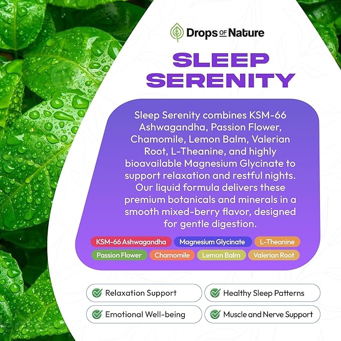 Magnesium Glycinate & Ashwagandha Liquid Drops with Valerian Root, Chamomile, Passion Flower, Lemon Balm & L-Theanine - Vegan Fast Absorption - Supplement for Wellness & Relaxation (Mixed Berry, 60mL)