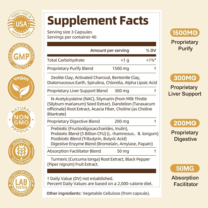 2000MG All-in-1 Detox Binder, Activated Charcoal, Zeolite, Bentonite Clay, Alpha Lipoic Acid, 7-Layer Detox & Cleanse Supplement, Liver & Gut Support, 120 Counts