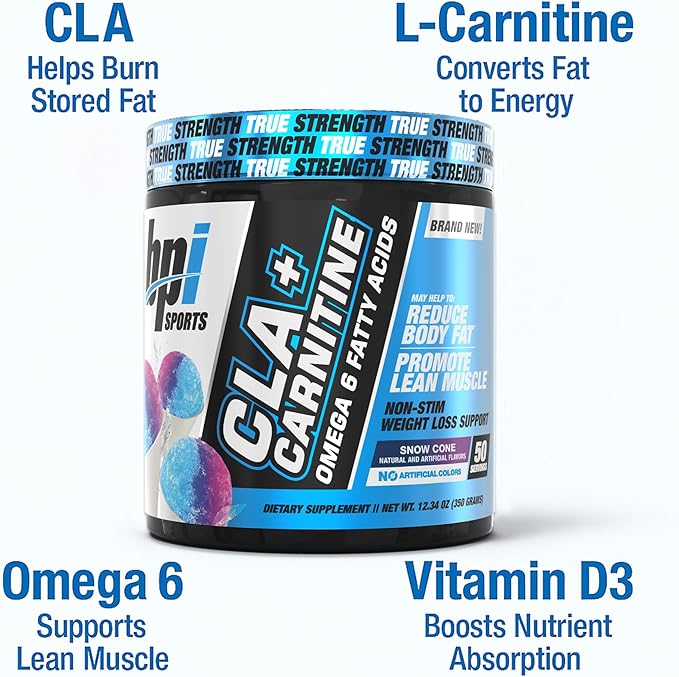BPI Sports CLA+Carnitine – CLA L Carnitine & Linoleic Acid – L Carnitine Supplement for Weight Loss, Metabolism & Lean Muscle – Caffeine Free – Snow Cone – 50 Servings – 12.34 oz