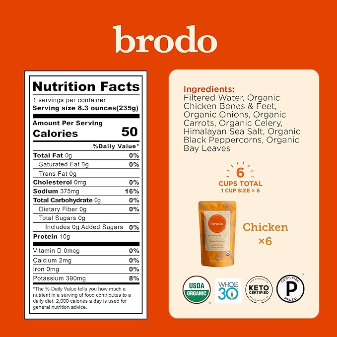 Brodo Organic Chicken Broth | Nutrient Dense, Chef Crafted Bone Broth in Single Serving Pouches | Not Made From Concentrate, No Preservatives (6x 8.3 oz Pouches)