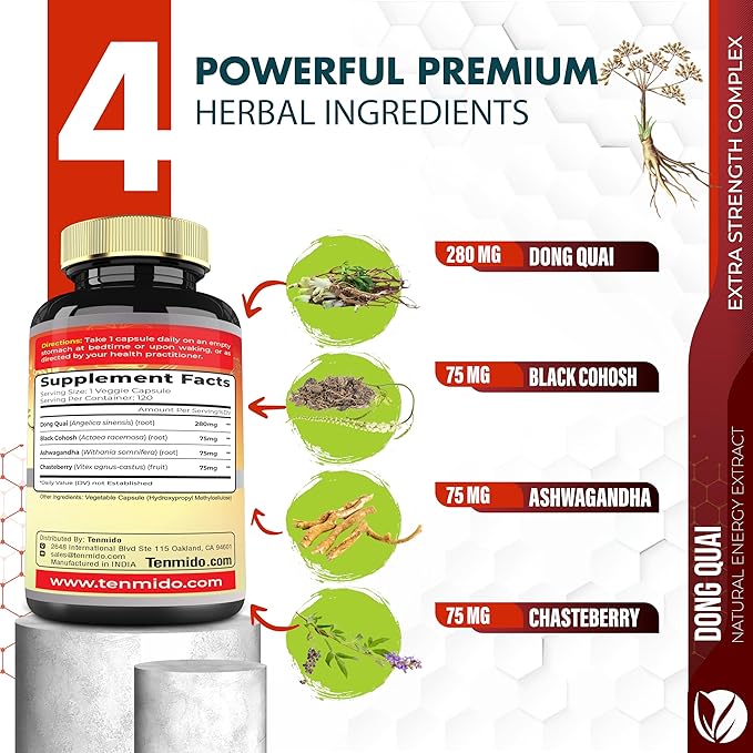 Dong Quai Supplement Extract Capsules, 4 Months Supply with Black Cohosh, Chasteberry, Ashwagandha - 120 Vegan Capsules