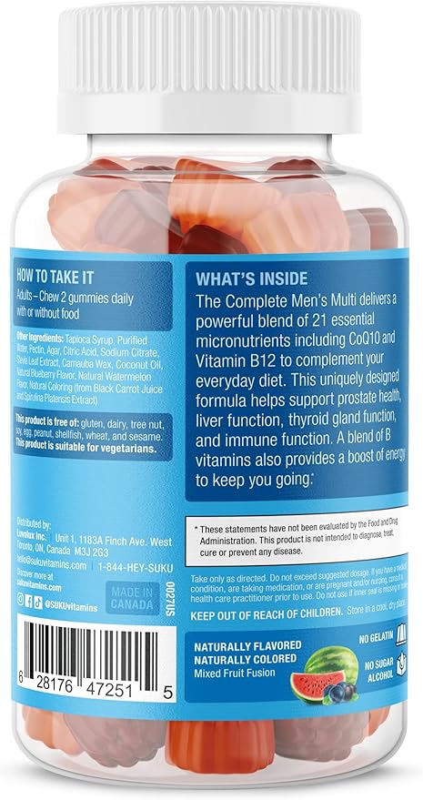 SUKU Men's Daily Multivitamin Gummies – Vitamins A, B12, C, D3, E, Zinc, CoQ10 & Lycopene – Prostate, Heart & Immune Support – Sugar-Free, Vegan, Mixed Fruit Fusion – 60 Count