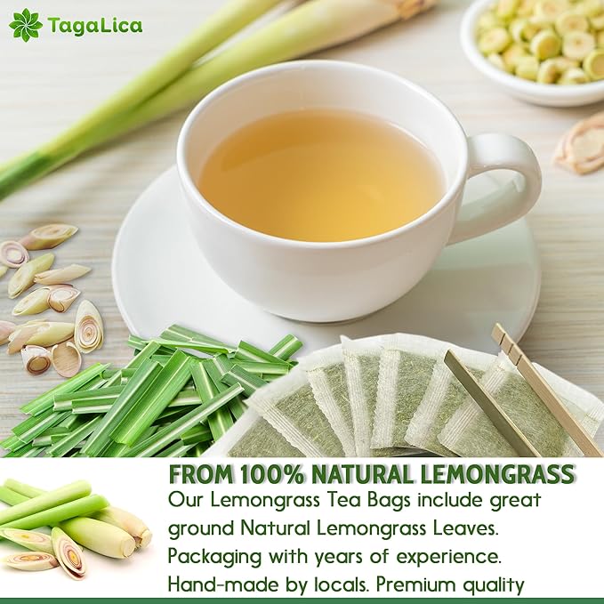 Tagalica, Premium 55 Lemongrass Tea Bags, 100% Natural & Pure Lemongrass leaves, Eco-Conscious Tea Bags, Lemongrass Herbal Tea. Lemongrass Leaf Tea. No Sugar, No Caffeine, No Gluten, Vegan.