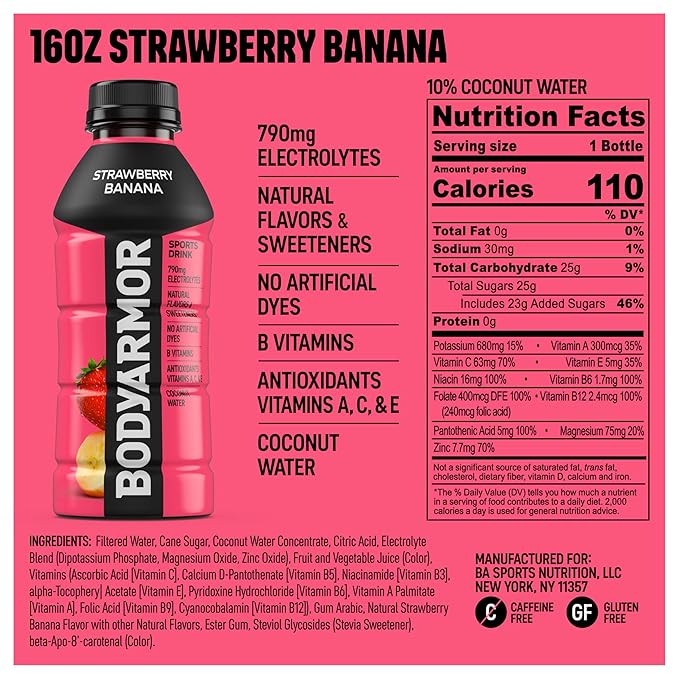BODYARMOR Sports Drink Sports Beverage, Strawberry Banana, Coconut Water Hydration, Natural Flavors With Vitamins, Potassium-Packed Electrolytes, Perfect For Athletes, 16 Fl Oz (Pack of 12)