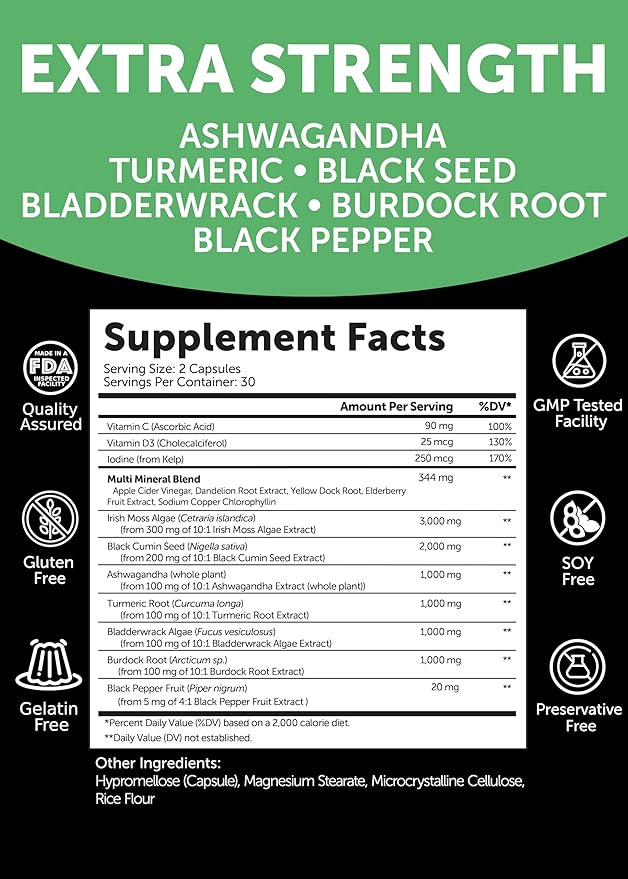 Lunakai USA Made Irish Sea Moss Capsules with Black Seed Oil, Ashwagandha, Burdock Root & Bladderwrack, 60ct