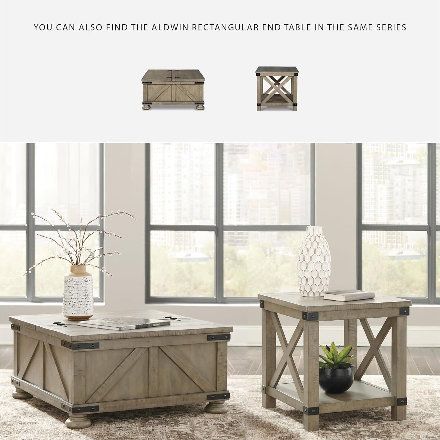 Signature Design by Ashley Aldwin Farmhouse Square Coffee Table with Lift Top for Storage, Grayish Brown
