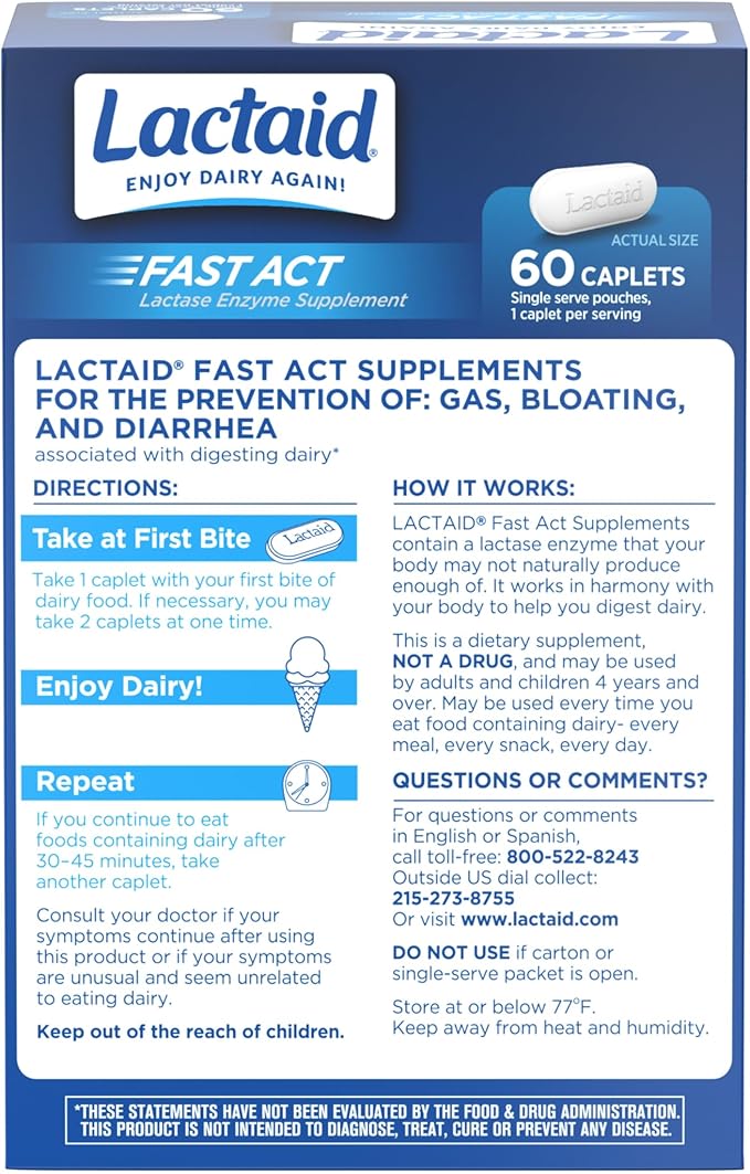 Lactaid Fast Act Lactose Intolerance Relief Caplets, Lactase Enzyme to Prevent Gas, Bloating and Diarrhea Due to Lactose Sensitivity, Single-Serve Supplements for Travel and On-The-Go, 60 Count