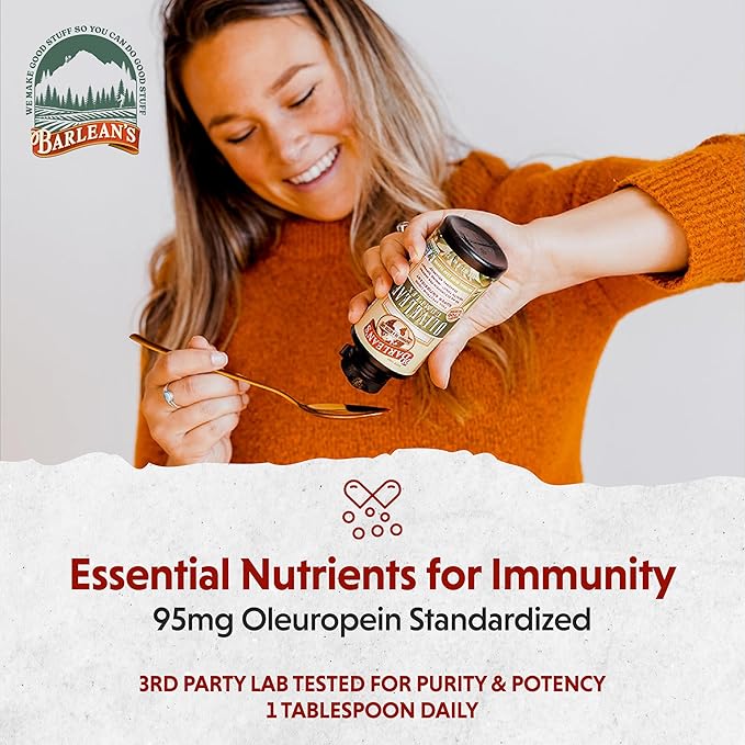 Barlean's Olive Leaf Complex Liquid Immune Support Supplement, 95mg Oleuropein Antioxidants, 8 oz