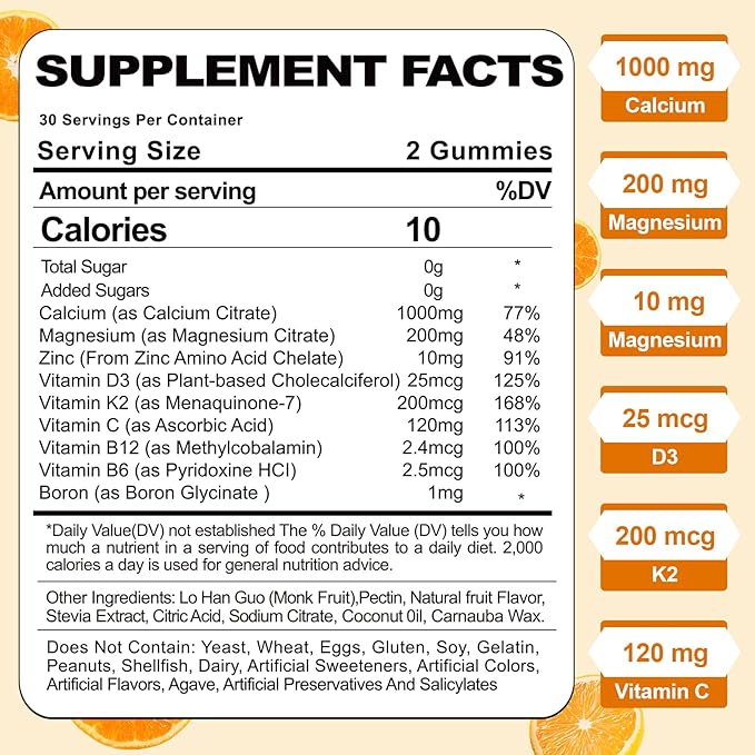 Calcium Magnesium Zinc Gummies for Adult: Organic 1000mg Calcium Citrate Magnesium Supplement with D3 B12 - Sugar Free High Absorption Supplement for Women Men (60 Count(Pack of 2))