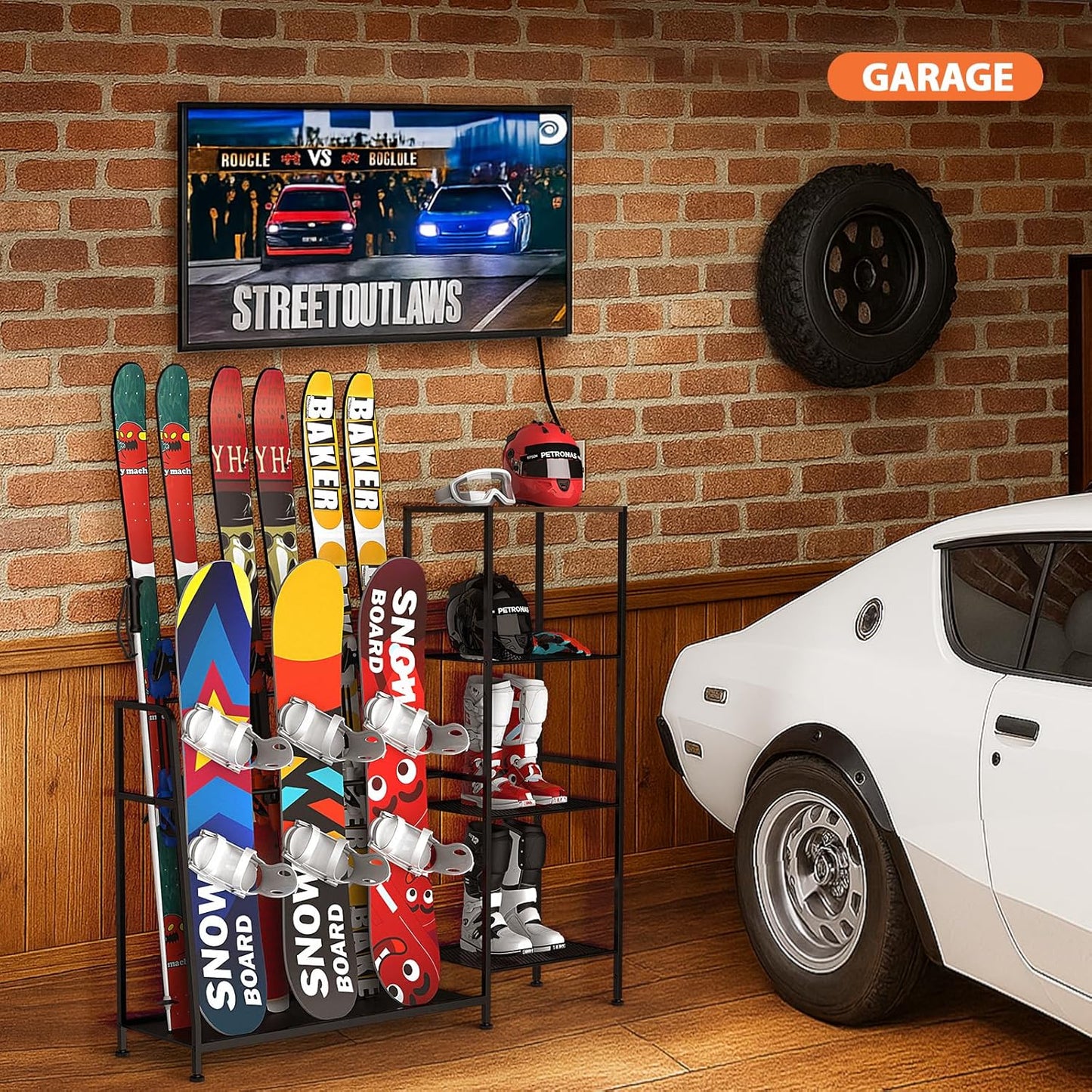 Freestanding Snowboard Rack, 4 Pair Ski, 3 Pack Snowboard, Boot, Pole, Goggles, Snowboard Gear, Ski Rack for Garage