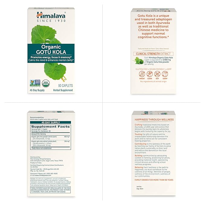 Himalaya Organic Gotu Kola, Herbal Supplement for Energy, Focus, Memory, Alertness, Concentration, Calms The Mind, Cognitive Support, Non-GMO, USDA Organic, 90 Plant-Based Caplets, 45 Day Supply