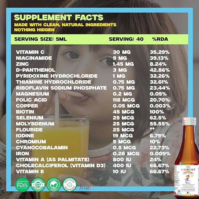 Kidbest Multivitamin Syrup for Kids 3-13 Years – Liquid Formula with 13 Nutrients for Appetite, Immunity, and Growth – Tasty Daily Vitamins for Stronger Kids | Toddler multivitamin for kids|200ml