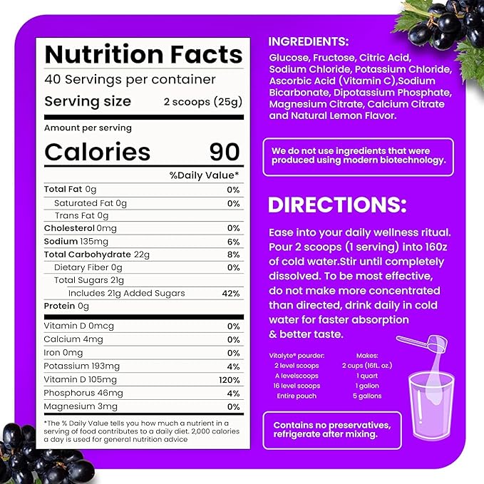 Vitalyte Electrolyte Powder Drink Mix, Isotonic Electrolyte Hydration Mix, Case Pack (6 Pack, Grape)