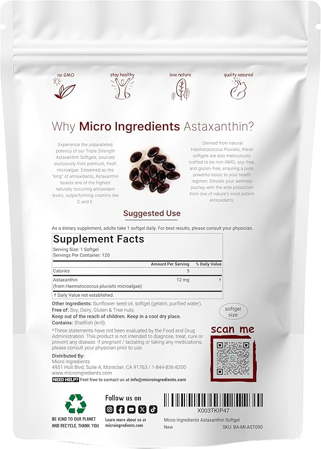 Astaxanthin 12mg, 120 Softgels, 4 Month Supply | Premium Astaxanthin Antioxidant Supplements | Fresh Microalgae Source | Supports Eye, Joint, Internal Circulation, Skin Health & Natural Tanning