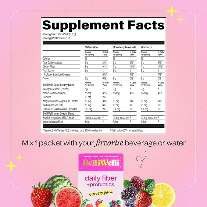 Daily Fiber Supplement Packets with Collagen, Probiotics & Electrolytes | Single Serve Packets for Gut Health, Digestion & Debloating | Variety | 10 Count