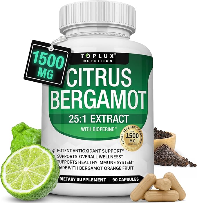 Citrus Bergamot Supplement 1500mg - 25:1 Bergamot Extract to Support Overall Health, Immune System, Potent Antioxidant High Absorption Natural Vegan Non-GMO for Men Women, 90 Capsules