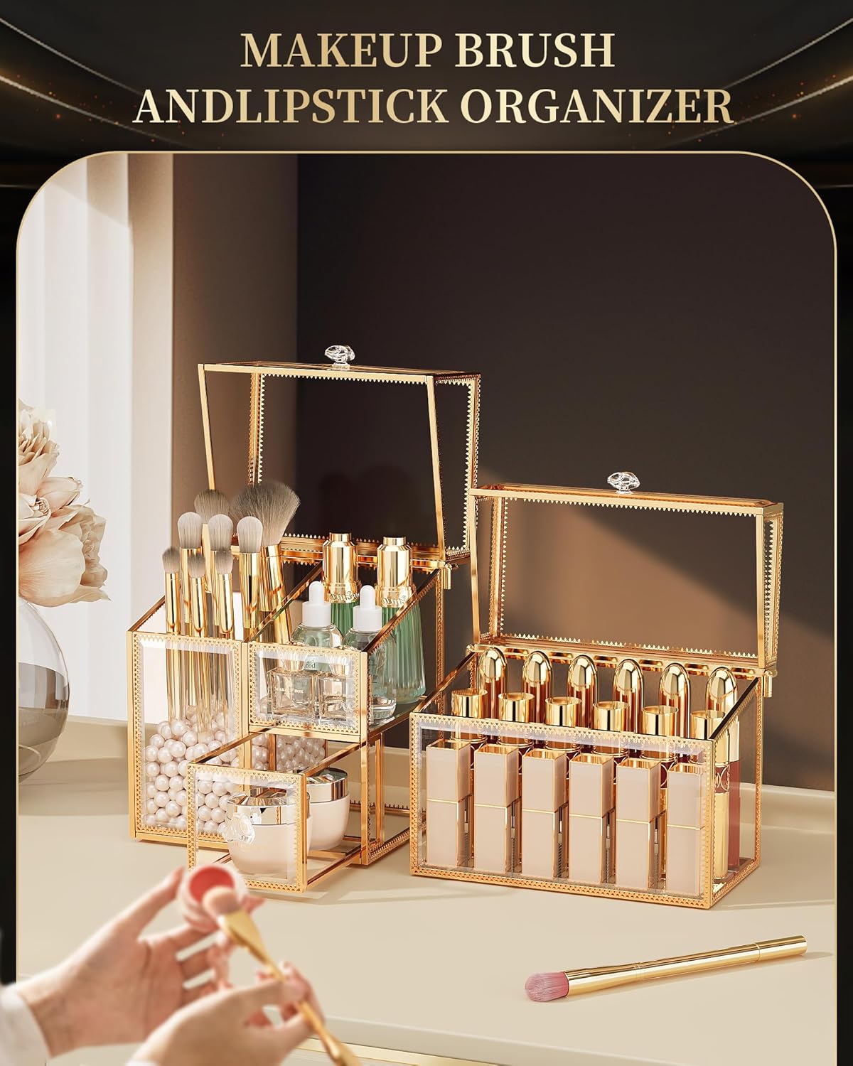 Tempered Glass Makeup Organizer – Clear Vanity Organizer with 18-Slot Lipstick Holder & Brush Organizer, Skincare and Perfume Storage for Dresser, Bathroom, and Countertop Use