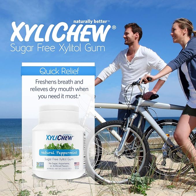 Xylichew 100% Xylitol Chewing Gum - Non GMO, Non Aspartame, Gluten Free, and Sugar Free Gum - Natural Oral Care, Relieves Bad Breath and Dry Mouth - Peppermint, 60 Count